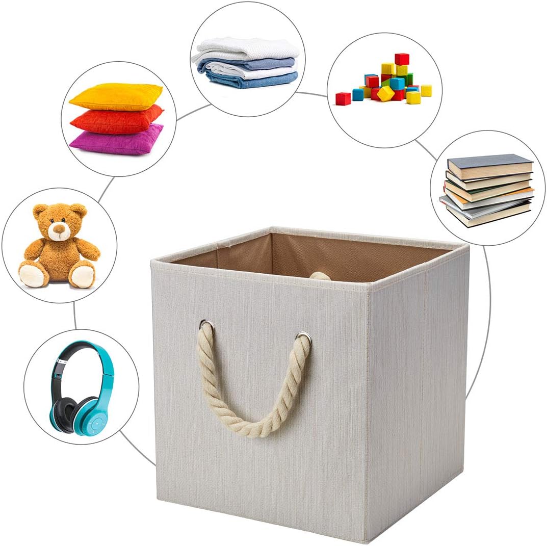 Robuy Set of 4 Beige Foldable Bamboo Fabric Cube Storage Bins with Cotton Rope Handle, Collapsible Resistant Basket Box Organizer for Shelves Size (10.5x10.5 x11 inch)