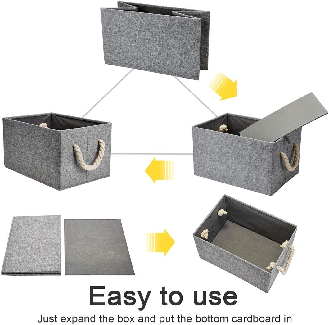 Robuy Storage Bin,Cloth Storage Boxes,3-Pack Collapsible Fabric Rectangular Closet Storage Baskets whith Cotton Rope Grey 14.4x10x 8.3 inch