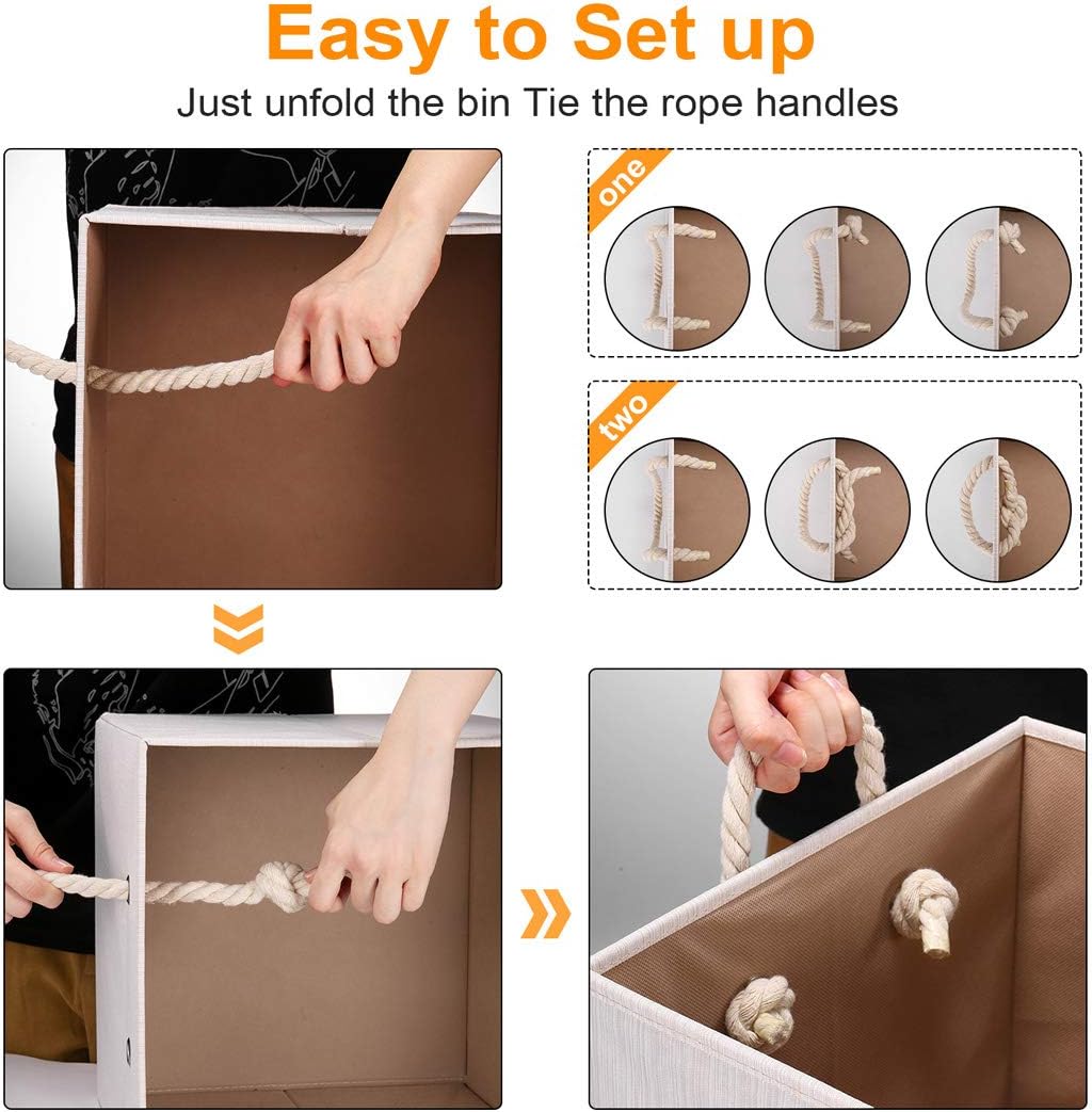 Robuy Set of 3 Beige Bamboo Fabric Cube Storage Bins with Cotton Rope Handle, Collapsible Resistant Basket Box Organizer for Shelves Size 13x13 x13 inch