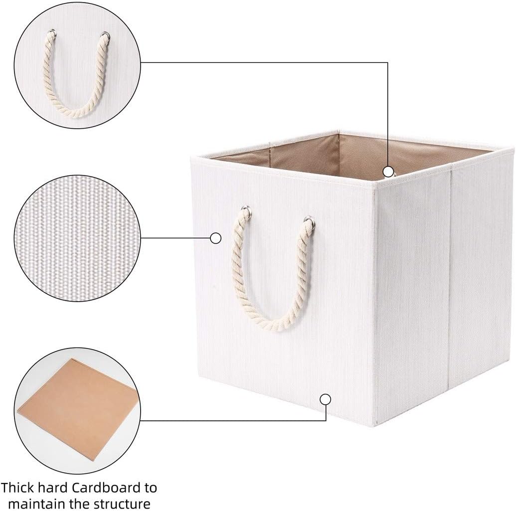 Robuy Set of 3 Beige Bamboo Fabric Cube Storage Bins with Cotton Rope Handle, Collapsible Resistant Basket Box Organizer for Shelves Size 13x13 x13 inch