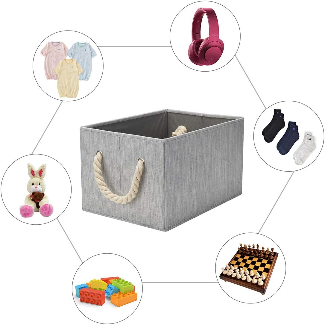 Robuy Fabric Storage Bins with Cotton Rope Handle Collapsible Stroage Basket for Home Office Nursery and More Grey Bamboo Fabric 3-Pack