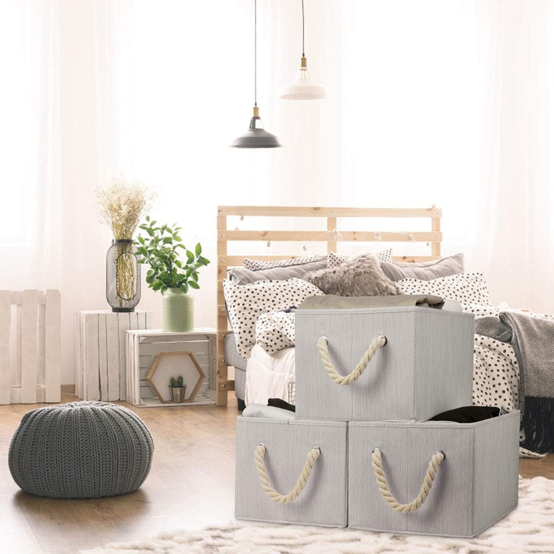 Robuy Storage Bin,Cloth Storage Boxes,3-Pack Collapsible Fabric Rectangular Closet Storage Baskets whith Cotton Rope Beige 14.4x10x 8.3 inch