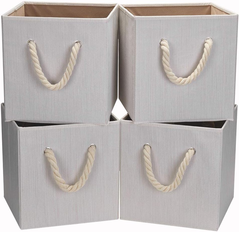 Robuy Set of 4 Beige Foldable Bamboo Fabric Cube Storage Bins with Cotton Rope Handle, Collapsible Resistant Basket Box Organizer for Shelves Size (10.5x10.5 x11 inch)