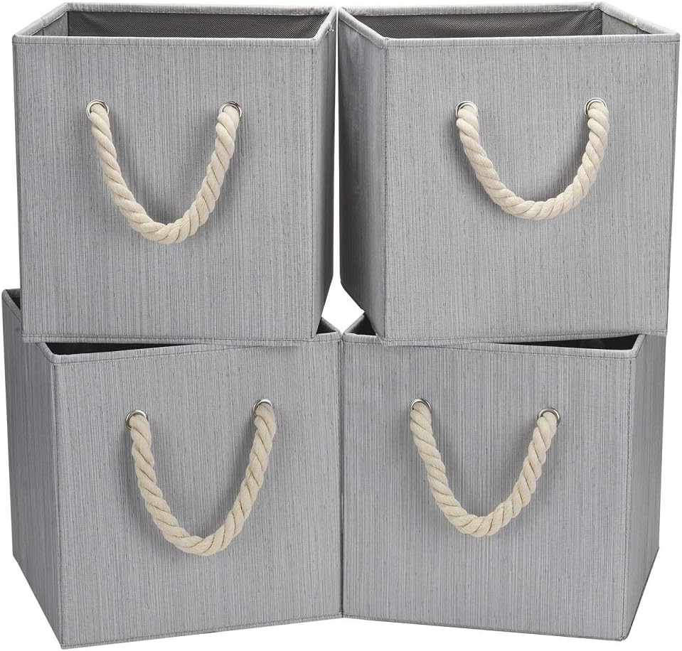 Robuy Set of 4 Grey Foldable Bamboo Fabric Cube Storage Bins with Cotton Rope Handle, Collapsible Resistant Basket Box Organizer for Shelves Size (10.5x10.5 x11 inch)