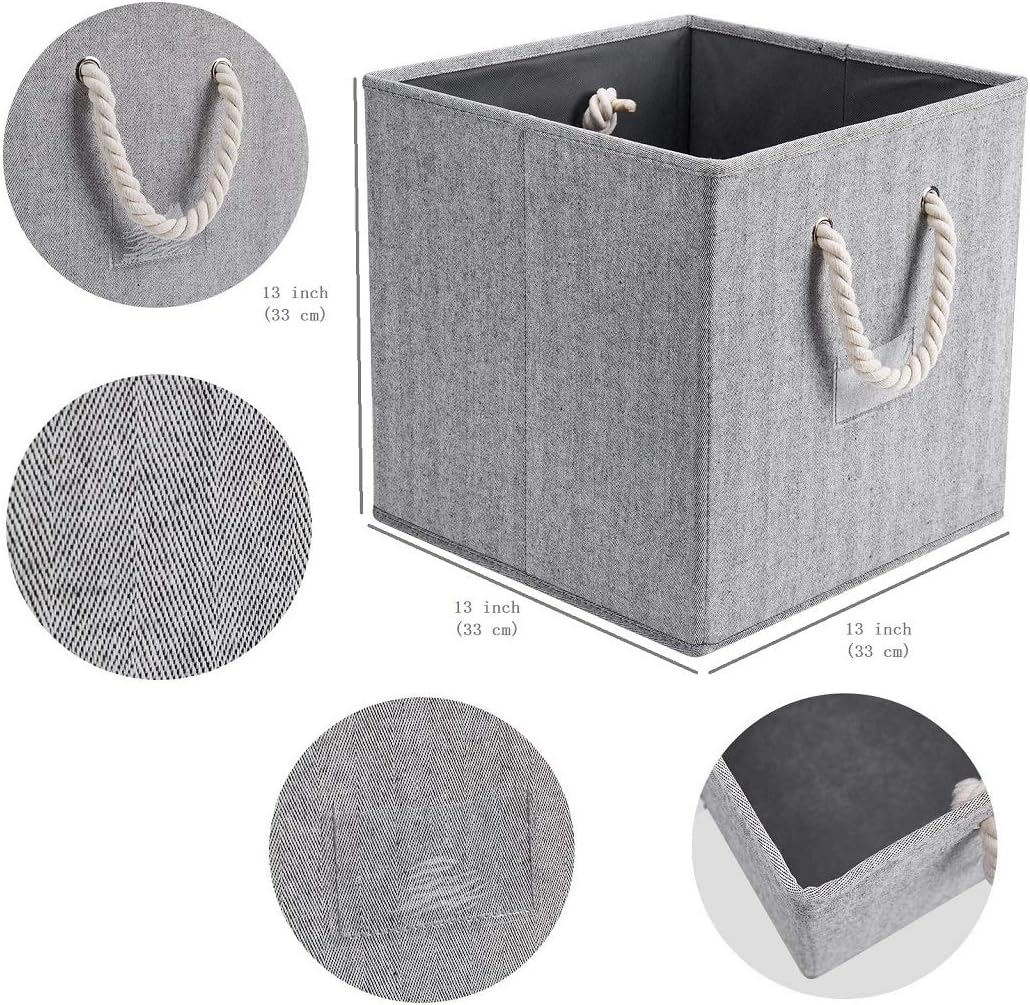 Robuy Cube Storage Bins,Grey Fabric Foldable Storage Bins,Set of 3 Stroage Boxes with Cotton Rope Handles for Organizer Home,Office, Nursery 13x13x13 inch