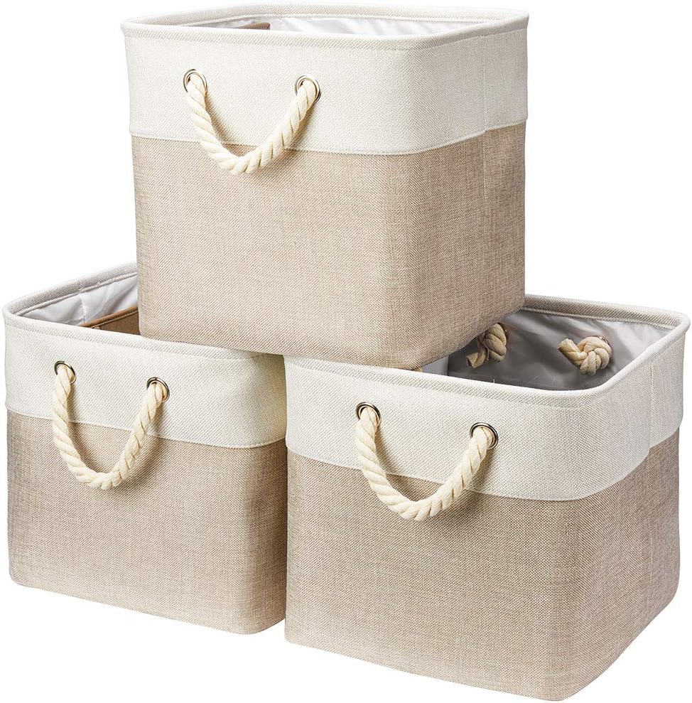 Robuy 3 Pack Storage Cube Bins Collapsible Sturdy cationic Fabric Storage Basket with Cotton Rope Handle For Organizing Shelf Nurery Home Colset 13x13x13 inch