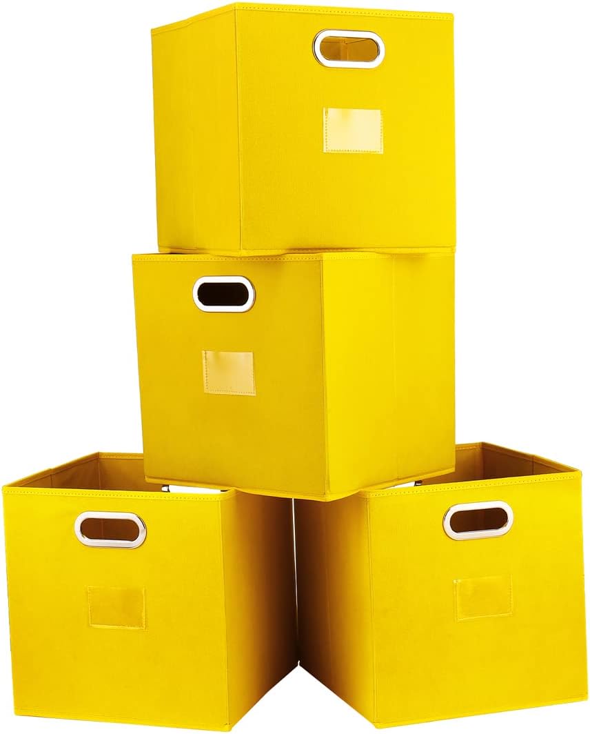 Robuy Cube Storage Bins,13 inch Storage Bin,4-Pack Yellow Storage Boxes with Dual Metal Handles for Organizing Shelves,Closet,Nursery,Home