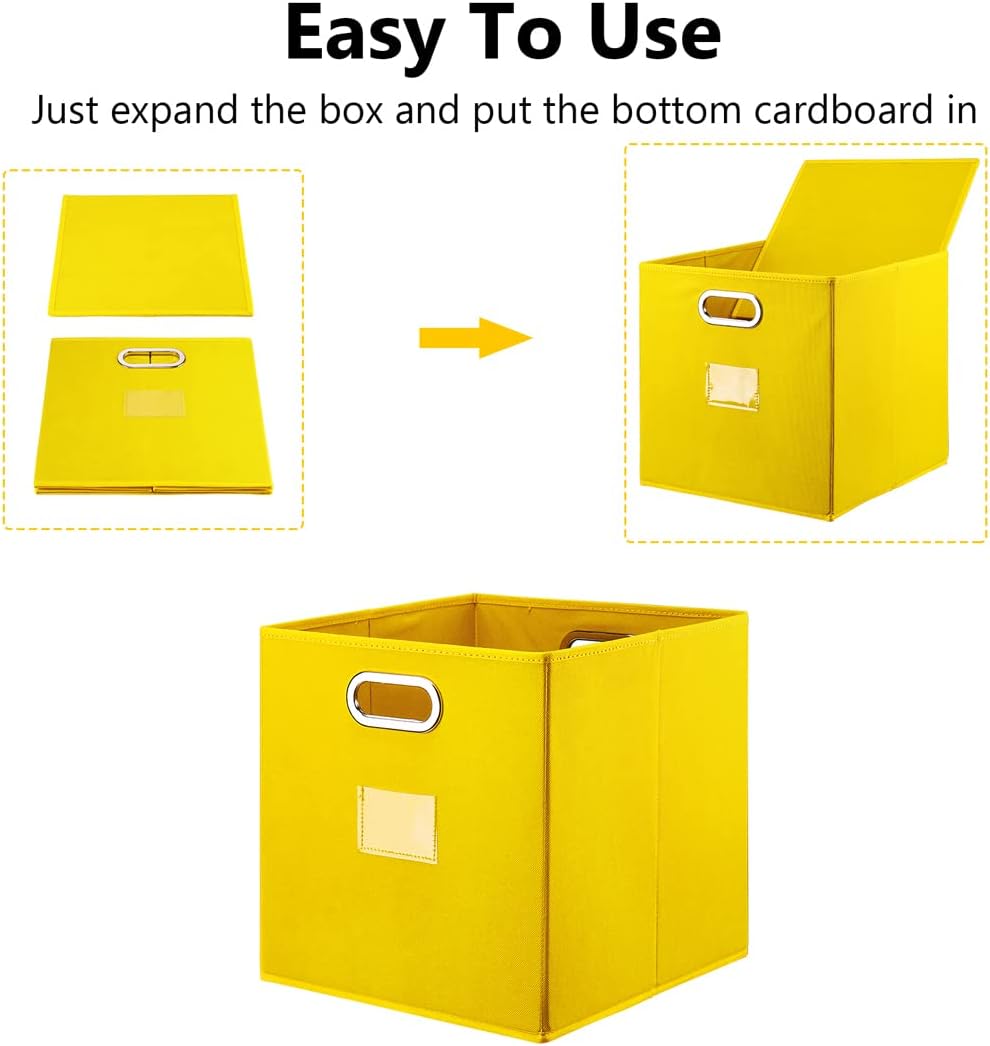 Robuy Cube Storage Bins,13 inch Storage Bin,4-Pack Yellow Storage Boxes with Dual Metal Handles for Organizing Shelves,Closet,Nursery,Home