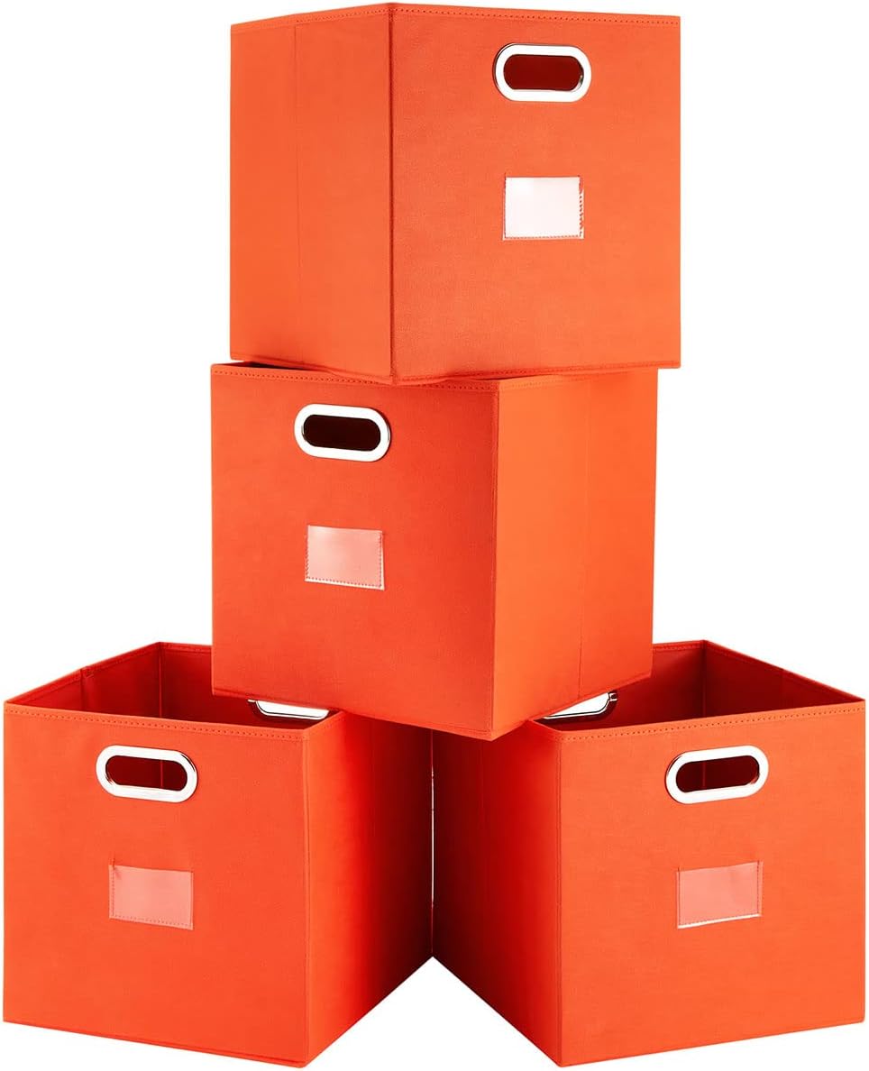 Robuy Foldable Cube Storage Bins Set of 4 Fabric Storage Boxes with Dual Metal Handles for Organizing Clothes, Toys, Towels 13x13x13 inch (13x13x13 inch, 4Pack Orange)