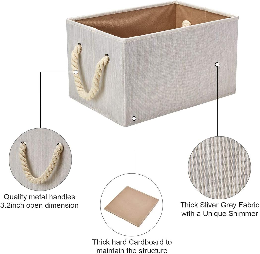 Robuy Storage Bin,Cloth Storage Boxes,3-Pack Collapsible Fabric Rectangular Closet Storage Baskets whith Cotton Rope Beige 14.4x10x 8.3 inch