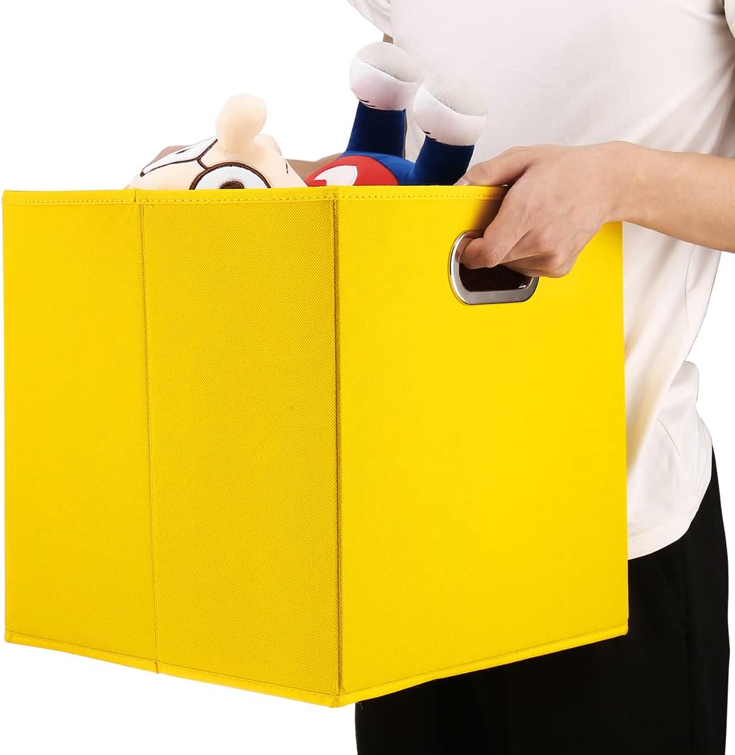 Robuy Cube Storage Bins,13 inch Storage Bin,4-Pack Yellow Storage Boxes with Dual Metal Handles for Organizing Shelves,Closet,Nursery,Home