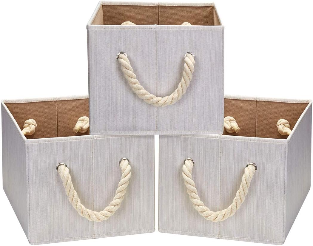 Robuy Storage Bin,Cloth Storage Boxes,3-Pack Collapsible Fabric Rectangular Closet Storage Baskets whith Cotton Rope Beige 14.4x10x 8.3 inch