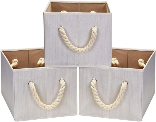 Robuy Storage Bin,Cloth Storage Boxes,3-Pack Collapsible Fabric Rectangular Closet Storage Baskets whith Cotton Rope Beige 14.4x10x 8.3 inch
