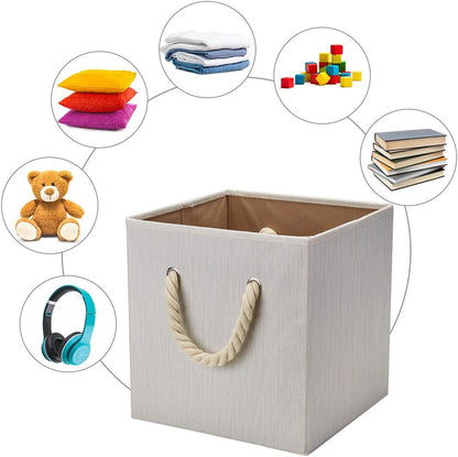 Robuy Set of 4 Beige Foldable Bamboo Fabric Cube Storage Bins with Cotton Rope Handle, Collapsible Resistant Basket Box Organizer for Shelves Size (10.5x10.5 x11 inch)
