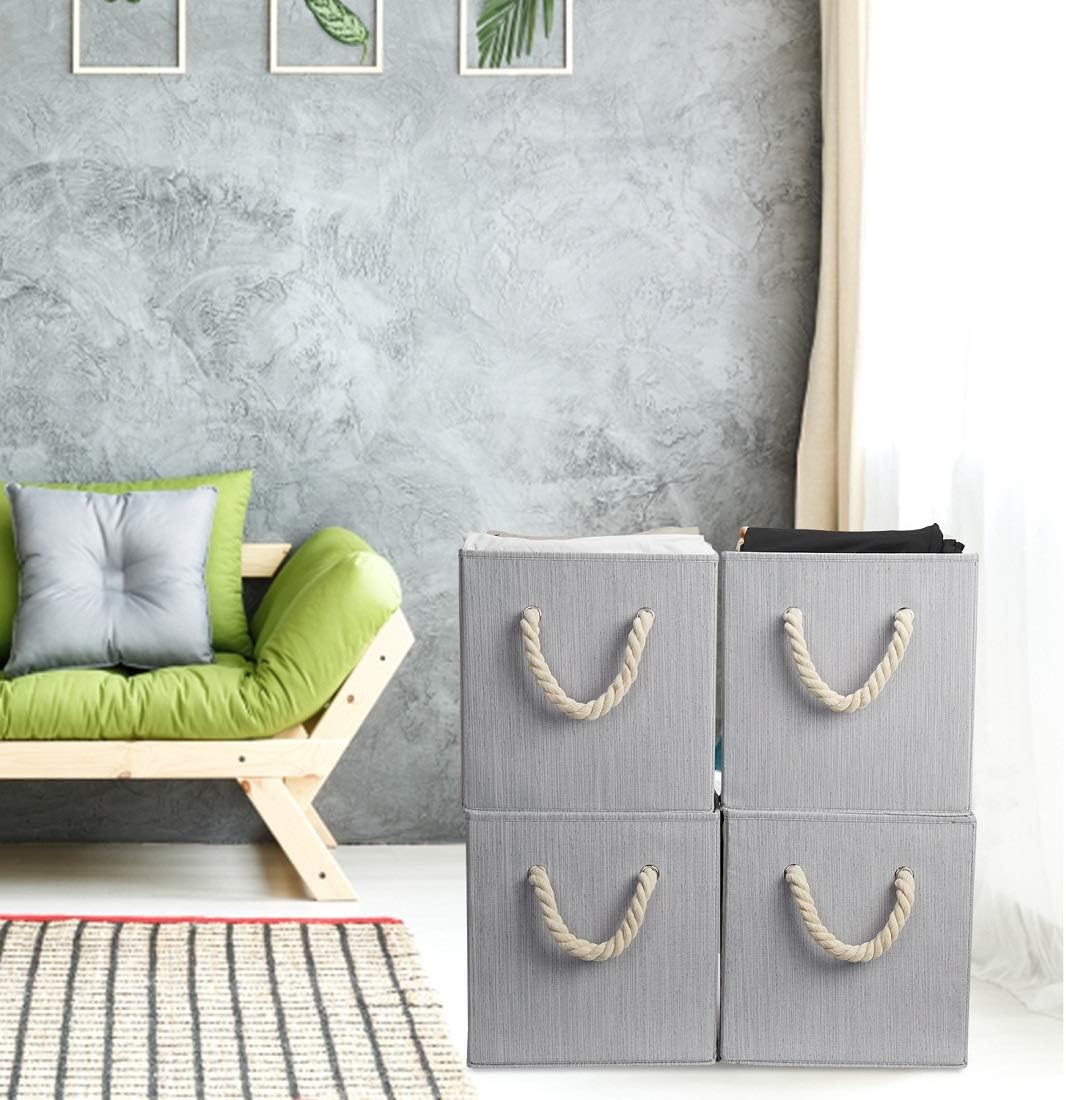 Robuy Set of 4 Grey Foldable Bamboo Fabric Cube Storage Bins with Cotton Rope Handle, Collapsible Resistant Basket Box Organizer for Shelves Size (10.5x10.5 x11 inch)