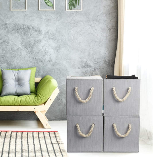 Robuy Set of 4 Grey Foldable Bamboo Fabric Cube Storage Bins with Cotton Rope Handle, Collapsible Resistant Basket Box Organizer for Shelves Size (10.5x10.5 x11 inch)