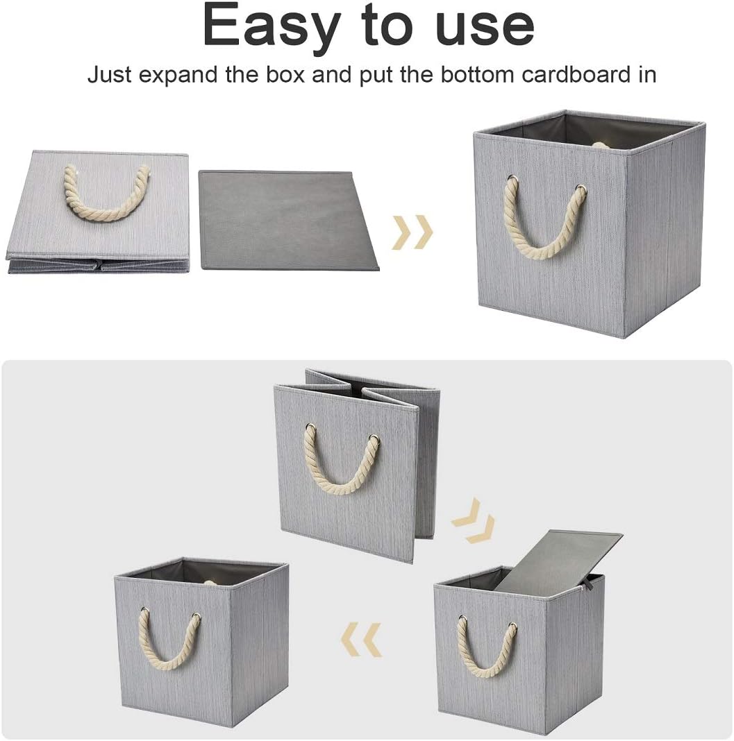 Robuy Set of 4 Grey Foldable Bamboo Fabric Cube Storage Bins with Cotton Rope Handle, Collapsible Resistant Basket Box Organizer for Shelves Size (10.5x10.5 x11 inch)