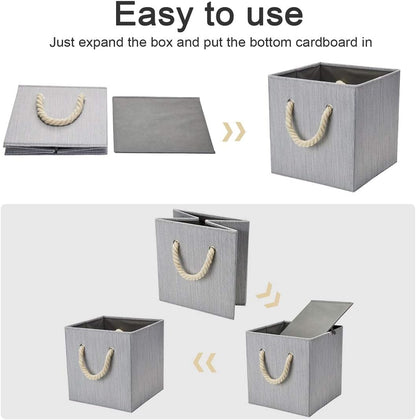Robuy Set of 4 Grey Foldable Bamboo Fabric Cube Storage Bins with Cotton Rope Handle, Collapsible Resistant Basket Box Organizer for Shelves Size (10.5x10.5 x11 inch)