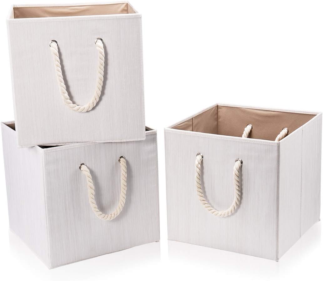 Robuy Set of 3 Beige Bamboo Fabric Cube Storage Bins with Cotton Rope Handle, Collapsible Resistant Basket Box Organizer for Shelves Size 13x13 x13 inch