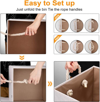 Robuy Set of 3 Beige Bamboo Fabric Cube Storage Bins with Cotton Rope Handle, Collapsible Resistant Basket Box Organizer for Shelves Size 13x13 x13 inch