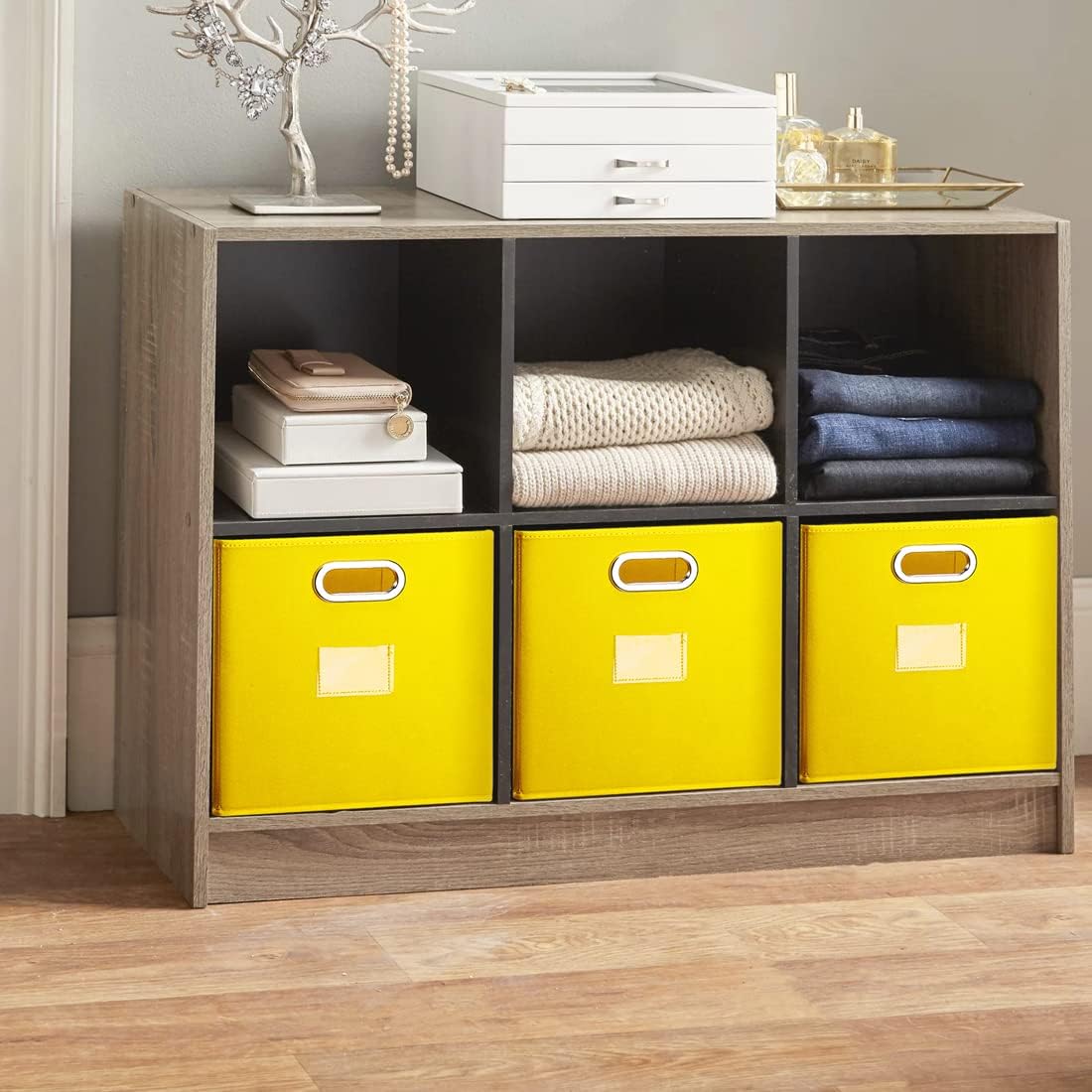 Robuy Cube Storage Bins,13 inch Storage Bin,4-Pack Yellow Storage Boxes with Dual Metal Handles for Organizing Shelves,Closet,Nursery,Home