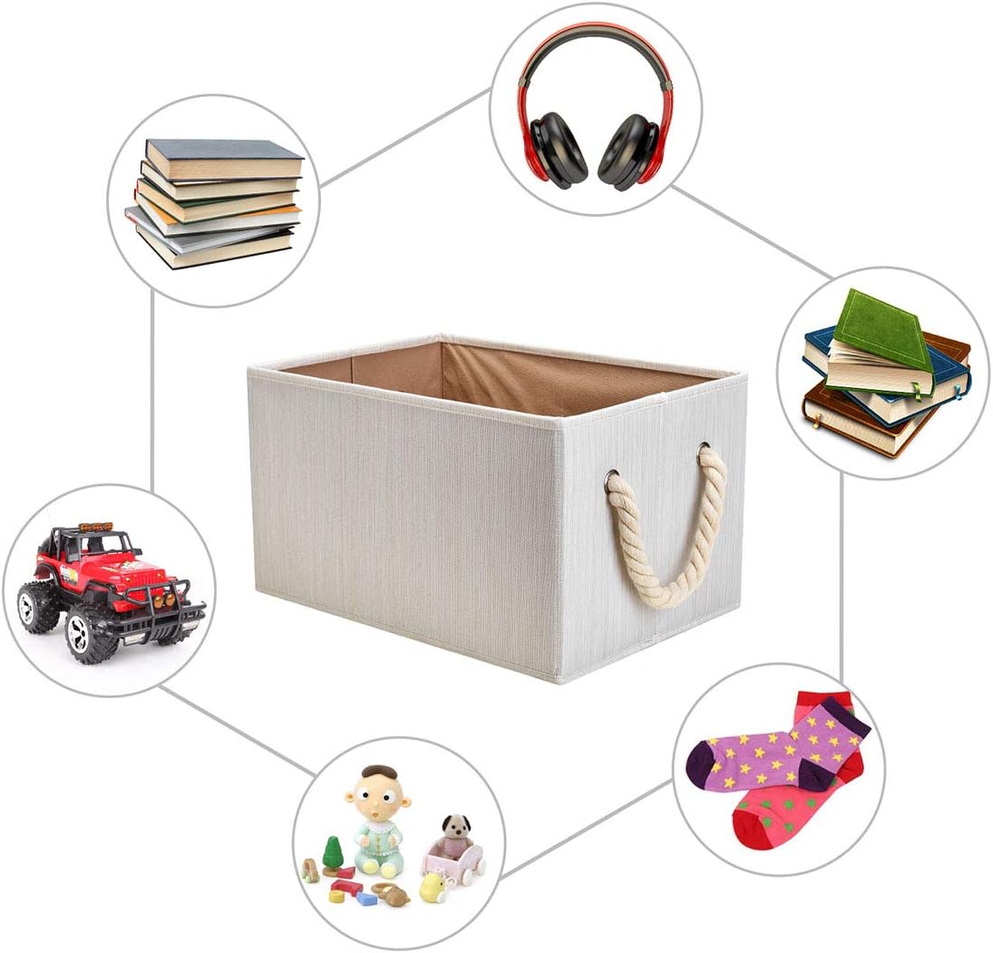 Robuy Storage Bin,Cloth Storage Boxes,3-Pack Collapsible Fabric Rectangular Closet Storage Baskets whith Cotton Rope Beige 14.4x10x 8.3 inch