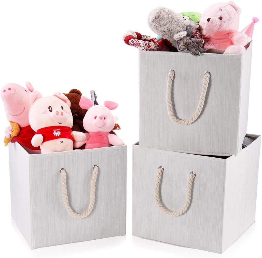 Robuy Set of 3 Beige Bamboo Fabric Cube Storage Bins with Cotton Rope Handle, Collapsible Resistant Basket Box Organizer for Shelves Size 13x13 x13 inch
