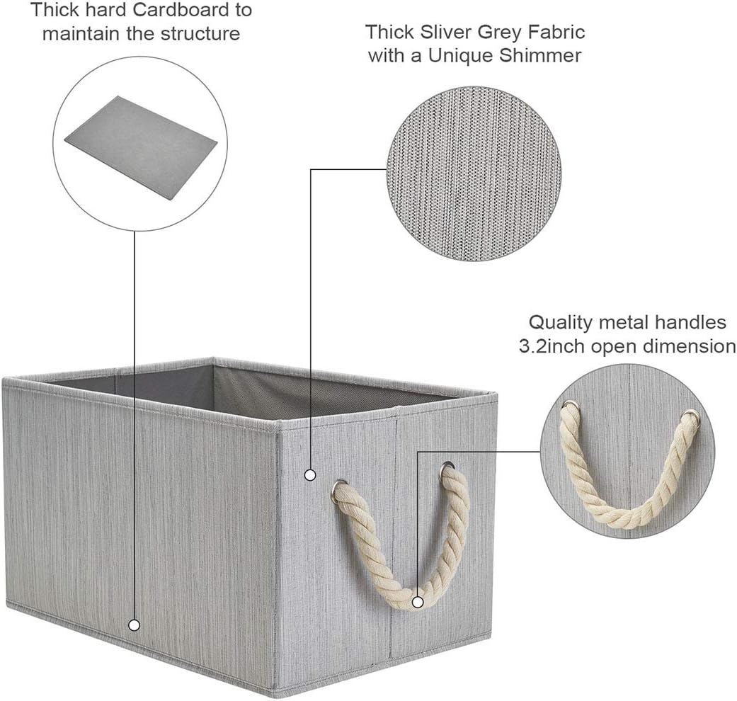 Robuy Fabric Storage Bins with Cotton Rope Handle Collapsible Stroage Basket for Home Office Nursery and More Grey Bamboo Fabric 3-Pack
