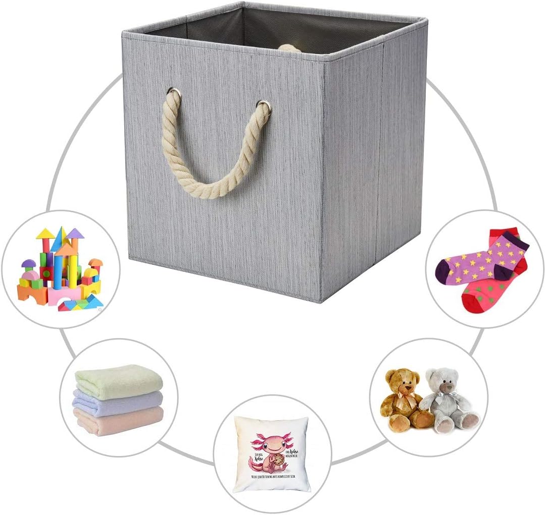Robuy Set of 4 Grey Foldable Bamboo Fabric Cube Storage Bins with Cotton Rope Handle, Collapsible Resistant Basket Box Organizer for Shelves Size (10.5x10.5 x11 inch)