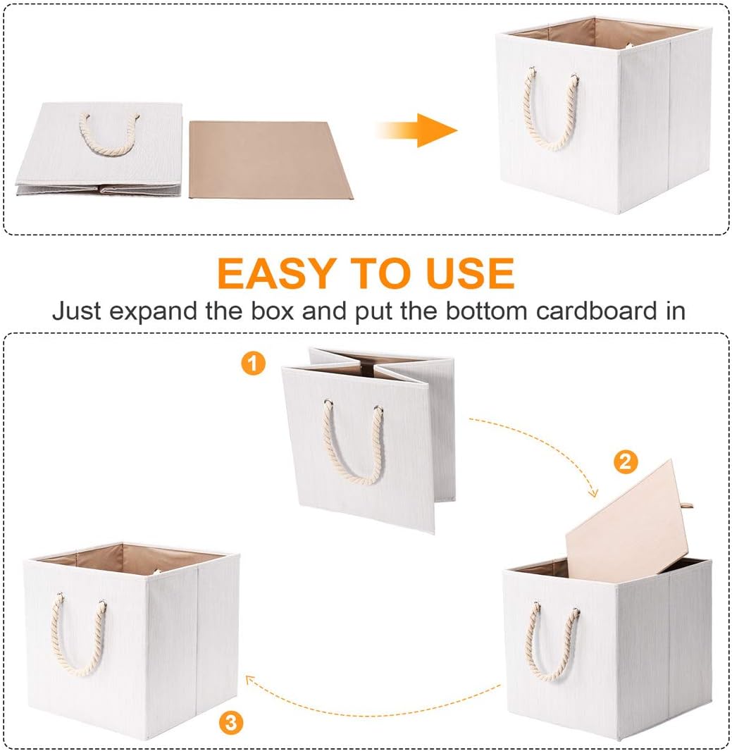 Robuy Set of 3 Beige Bamboo Fabric Cube Storage Bins with Cotton Rope Handle, Collapsible Resistant Basket Box Organizer for Shelves Size 13x13 x13 inch