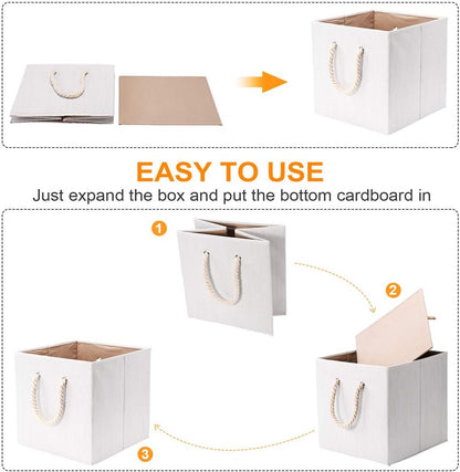 Robuy Set of 3 Beige Bamboo Fabric Cube Storage Bins with Cotton Rope Handle, Collapsible Resistant Basket Box Organizer for Shelves Size 13x13 x13 inch