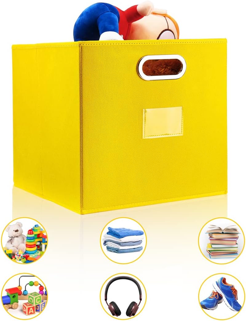Robuy Cube Storage Bins,13 inch Storage Bin,4-Pack Yellow Storage Boxes with Dual Metal Handles for Organizing Shelves,Closet,Nursery,Home