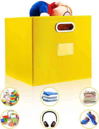 Robuy Cube Storage Bins,13 inch Storage Bin,4-Pack Yellow Storage Boxes with Dual Metal Handles for Organizing Shelves,Closet,Nursery,Home