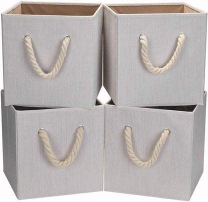 Robuy Set of 4 Beige Foldable Bamboo Fabric Cube Storage Bins with Cotton Rope Handle, Collapsible Resistant Basket Box Organizer for Shelves Size (10.5x10.5 x11 inch)