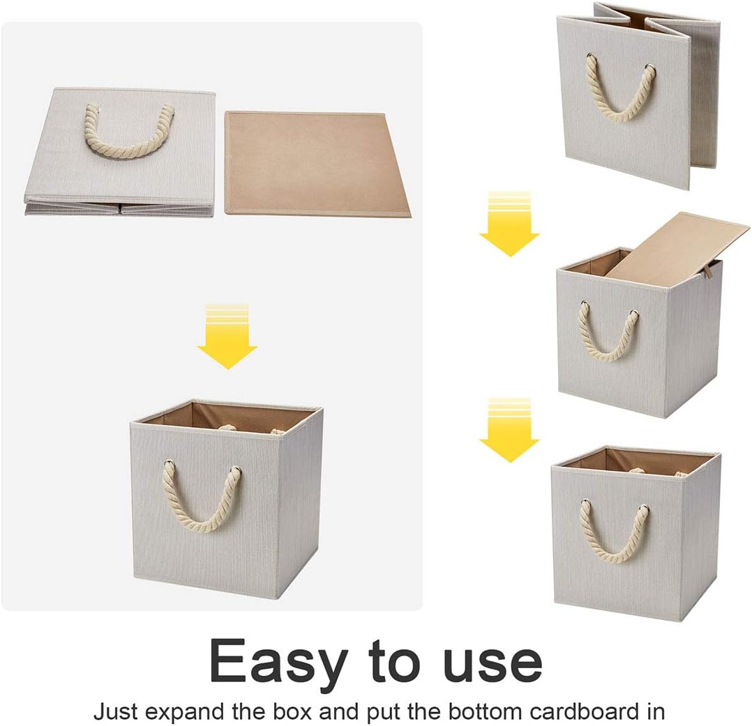 Robuy Set of 4 Beige Foldable Bamboo Fabric Cube Storage Bins with Cotton Rope Handle, Collapsible Resistant Basket Box Organizer for Shelves Size (10.5x10.5 x11 inch)
