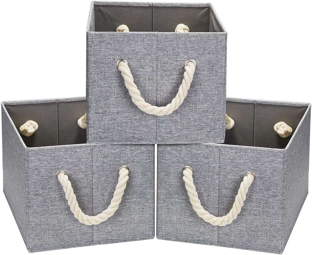Robuy Storage Bin,Cloth Storage Boxes,3-Pack Collapsible Fabric Rectangular Closet Storage Baskets whith Cotton Rope Grey 14.4x10x 8.3 inch