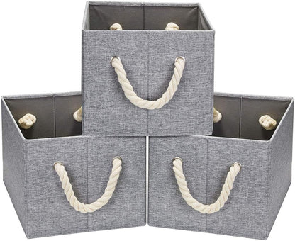 Robuy Storage Bin,Cloth Storage Boxes,3-Pack Collapsible Fabric Rectangular Closet Storage Baskets whith Cotton Rope Grey 14.4x10x 8.3 inch