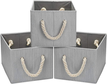 Robuy Fabric Storage Bins with Cotton Rope Handle Collapsible Stroage Basket for Home Office Nursery and More Grey Bamboo Fabric 3-Pack