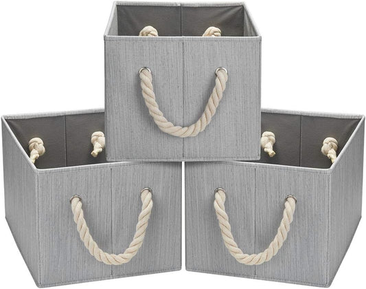 Robuy Fabric Storage Bins with Cotton Rope Handle Collapsible Stroage Basket for Home Office Nursery and More Grey Bamboo Fabric 3-Pack