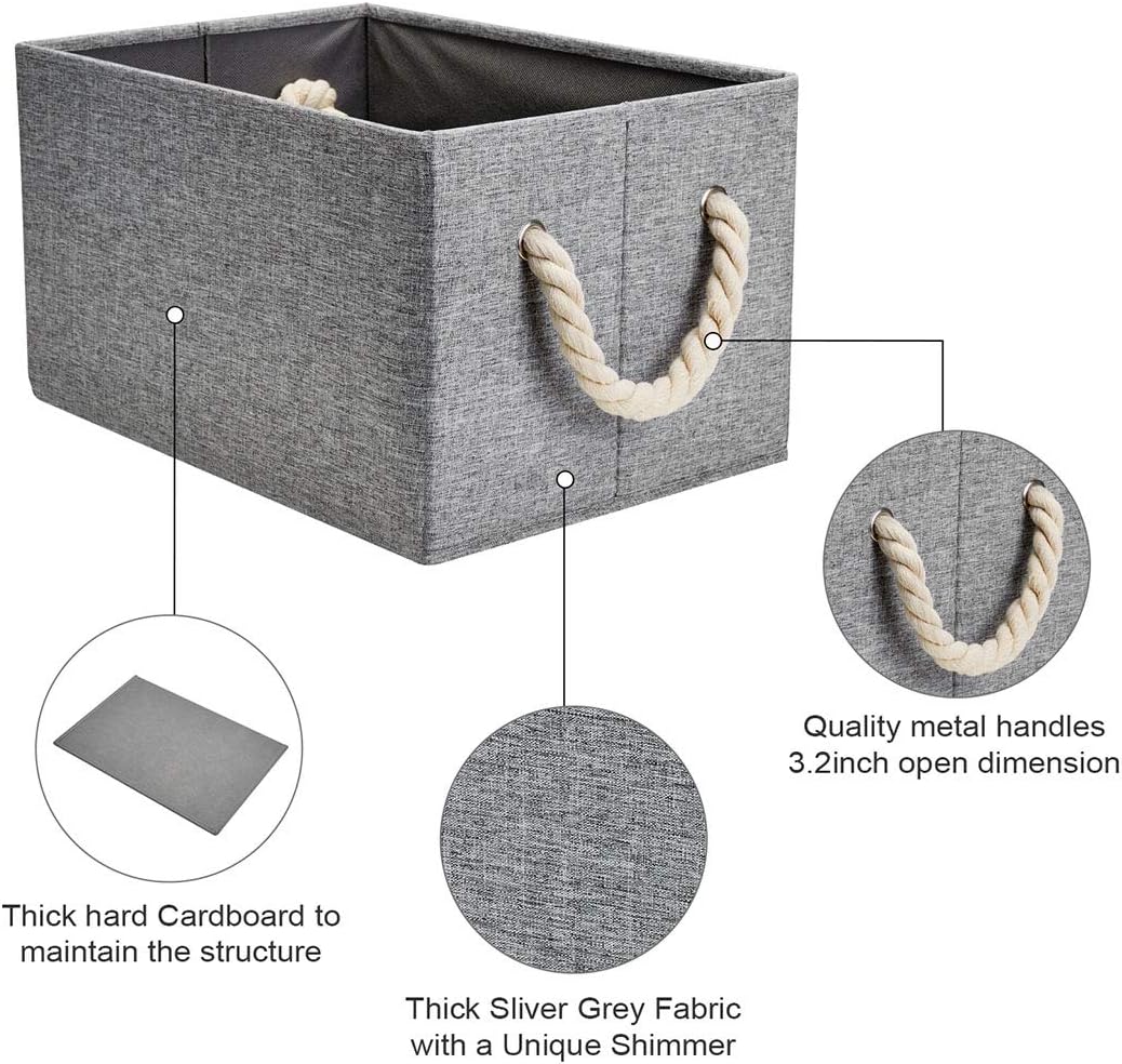 Robuy Storage Bin,Cloth Storage Boxes,3-Pack Collapsible Fabric Rectangular Closet Storage Baskets whith Cotton Rope Grey 14.4x10x 8.3 inch