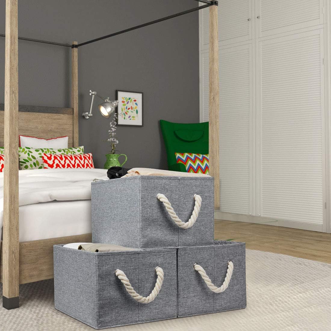 Robuy Storage Bin,Cloth Storage Boxes,3-Pack Collapsible Fabric Rectangular Closet Storage Baskets whith Cotton Rope Grey 14.4x10x 8.3 inch