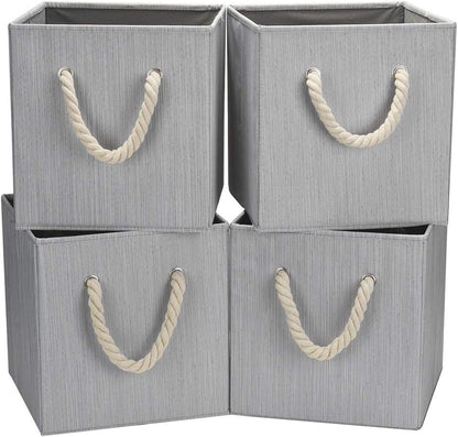 Robuy Set of 4 Grey Foldable Bamboo Fabric Cube Storage Bins with Cotton Rope Handle, Collapsible Resistant Basket Box Organizer for Shelves Size (10.5x10.5 x11 inch)