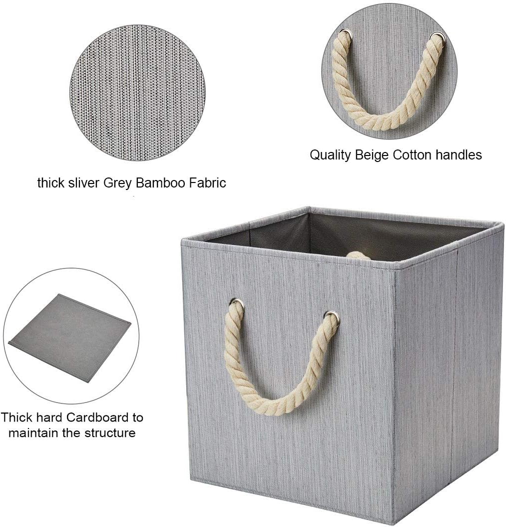 Robuy Set of 4 Grey Foldable Bamboo Fabric Cube Storage Bins with Cotton Rope Handle, Collapsible Resistant Basket Box Organizer for Shelves Size (10.5x10.5 x11 inch)