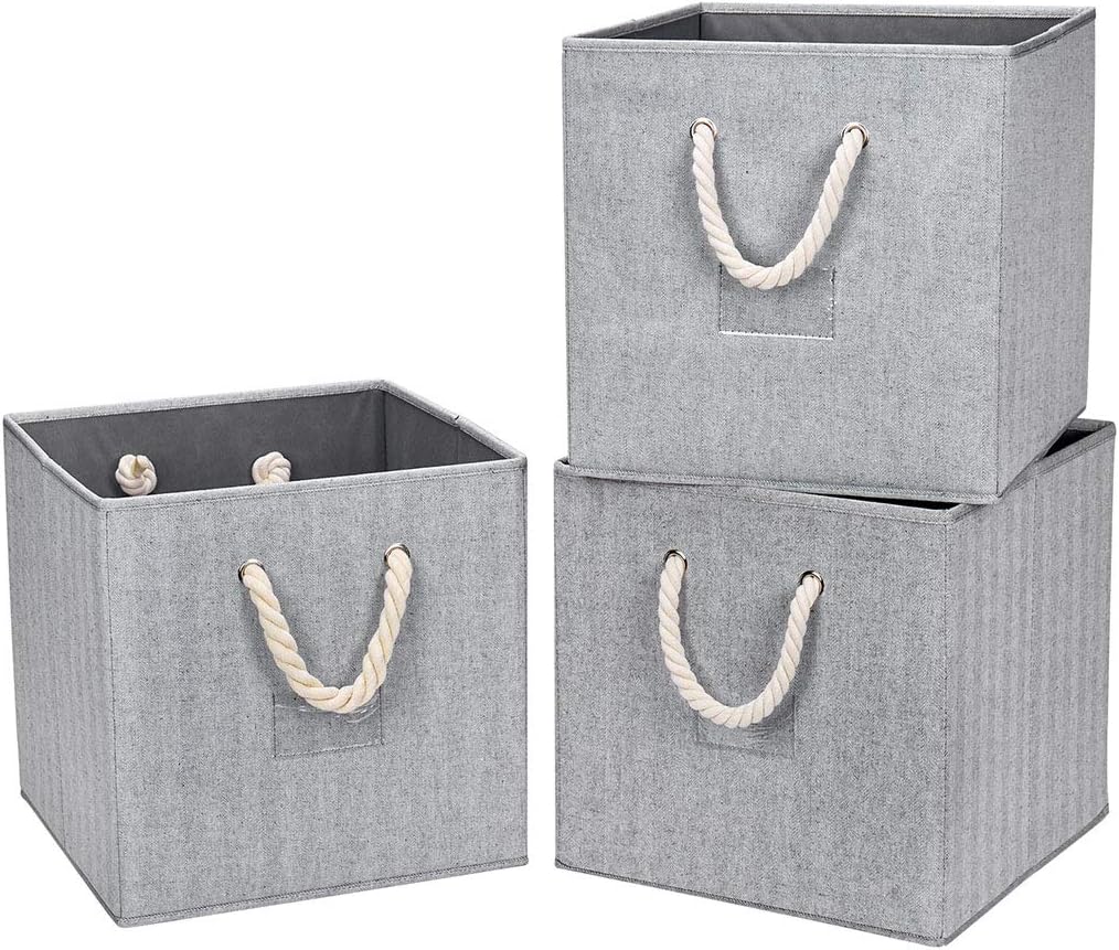 Robuy Cube Storage Bins,Grey Fabric Foldable Storage Bins,Set of 3 Stroage Boxes with Cotton Rope Handles for Organizer Home,Office, Nursery 13x13x13 inch