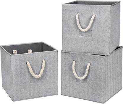 Robuy Cube Storage Bins,Grey Fabric Foldable Storage Bins,Set of 3 Stroage Boxes with Cotton Rope Handles for Organizer Home,Office, Nursery 13x13x13 inch