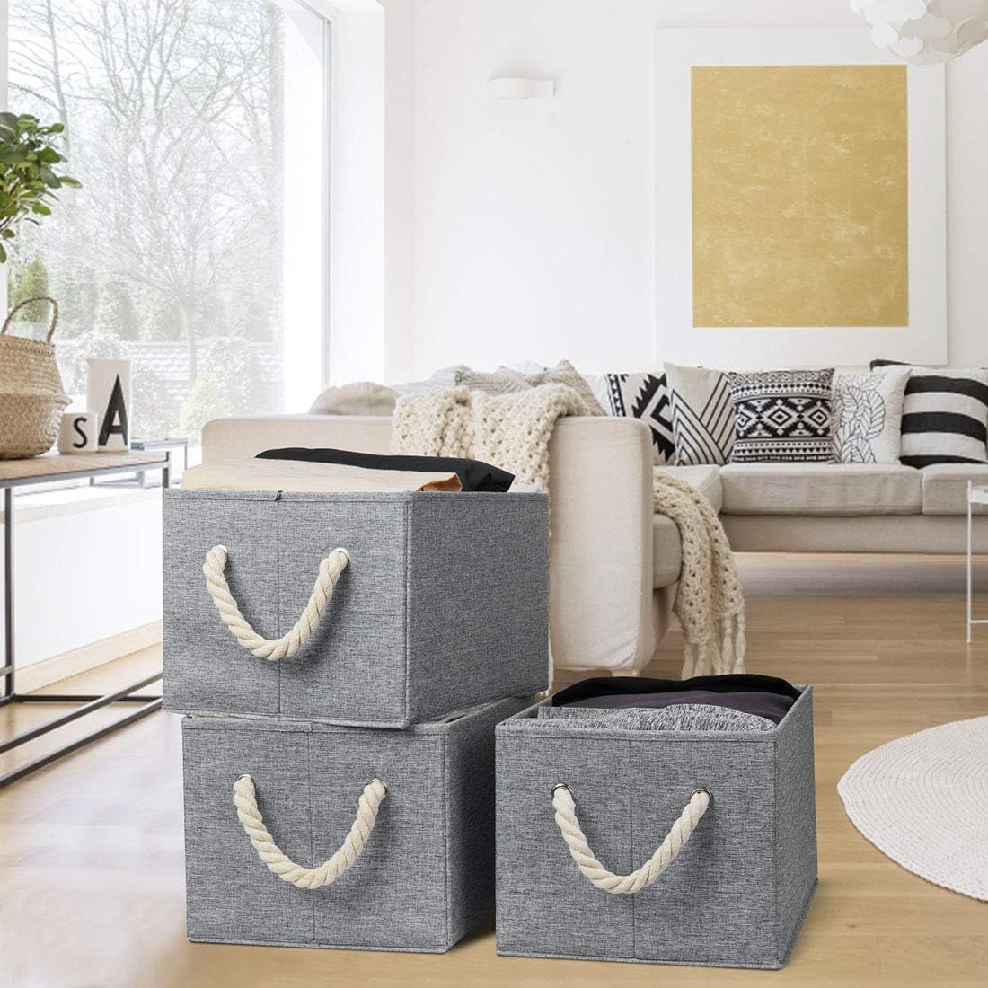 Robuy Storage Bin,Cloth Storage Boxes,3-Pack Collapsible Fabric Rectangular Closet Storage Baskets whith Cotton Rope Grey 14.4x10x 8.3 inch