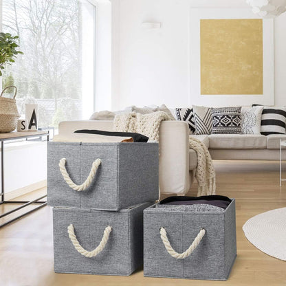 Robuy Storage Bin,Cloth Storage Boxes,3-Pack Collapsible Fabric Rectangular Closet Storage Baskets whith Cotton Rope Grey 14.4x10x 8.3 inch