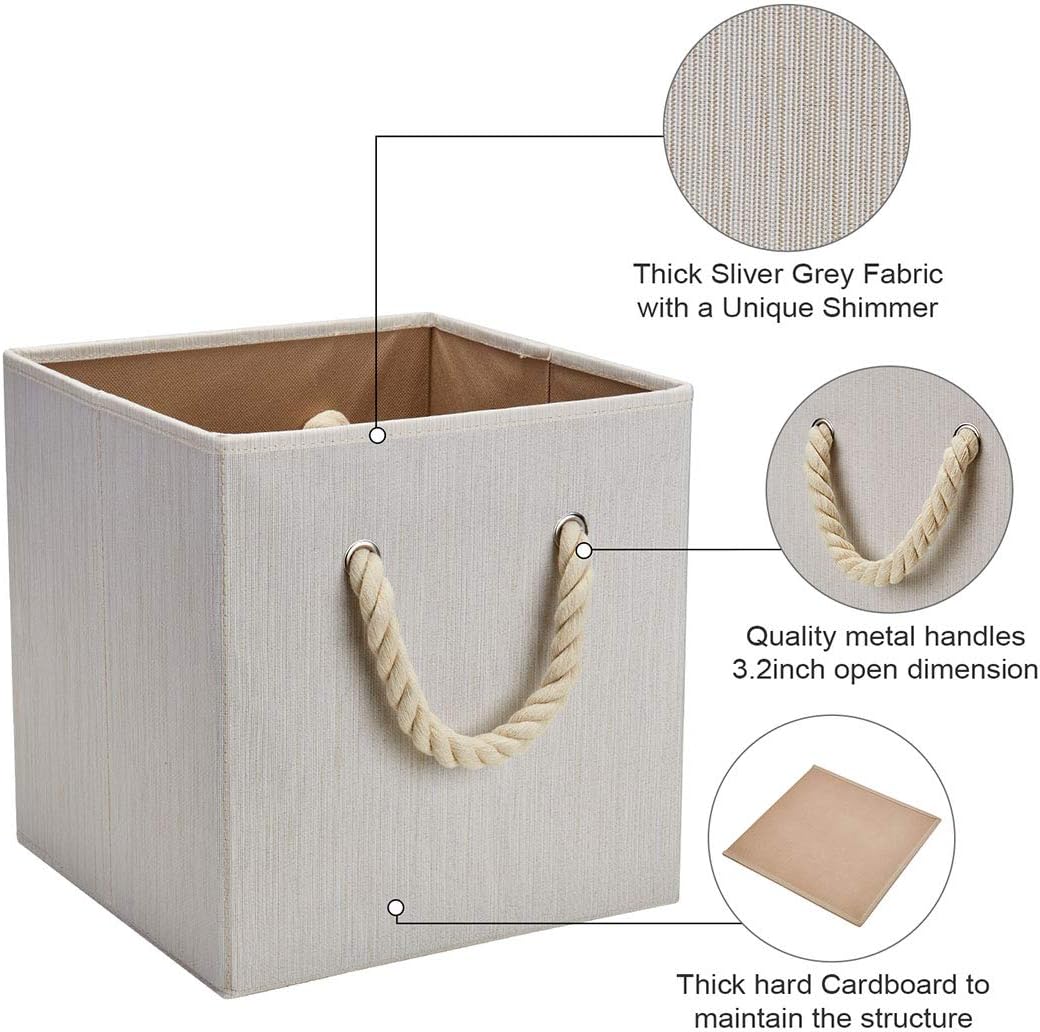 Robuy Set of 4 Beige Foldable Bamboo Fabric Cube Storage Bins with Cotton Rope Handle, Collapsible Resistant Basket Box Organizer for Shelves Size (10.5x10.5 x11 inch)