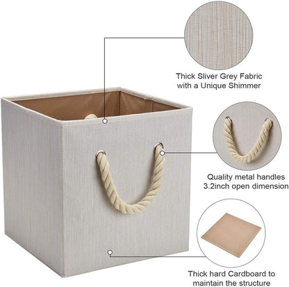 Robuy Set of 4 Beige Foldable Bamboo Fabric Cube Storage Bins with Cotton Rope Handle, Collapsible Resistant Basket Box Organizer for Shelves Size (10.5x10.5 x11 inch)